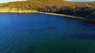 Sonbahar yaprakları rüzgarda dans ederken yumuşak dalgalar kumlu kıyıya çarpar. Ilık güneş ışığı, sakin suyun üzerine altın renkler saçar. Huzurlu bir manzara yaratır. Yansıma için mükemmel..