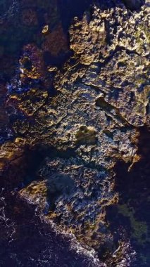 Dalgalar parlak güneş ışığı altında kayalık bir kıyı şeridine çarpar. Su taşların üzerinden akıyor. Bölgedeki kayaların ve deniz yaşamının şekillerini ve renklerini ortaya çıkarıyor..