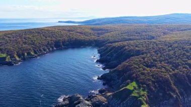 Nefes kesici manzara, güneşli bir öğleden sonra sonsuz derin mavi denize doğru uzanan canlı yeşil ormanlar ve kayalık uçurumlar tarafından kucaklanan huzurlu koyu yakalar..