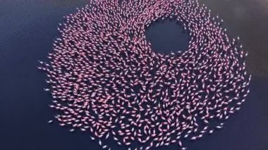 Yüzlerce flamingonun alacakaranlıkta toplanıp sakin sularda büyüleyici bir çember oluşturmasıyla nefes kesici bir sahne ortaya çıkıyor. Canlı pembe tüyleri koyu mavi ile çok güzel tezat oluşturuyor..