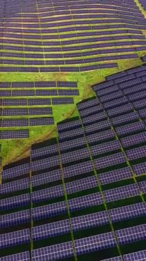 Güneş panelleri kırsal bir yerdeki geniş bir alanı kaplıyor. Paneller gün boyunca elektrik üretmek için güneş ışığını yakalıyor. Çimenler panelleri çevreleyip manzaraya ekliyor.