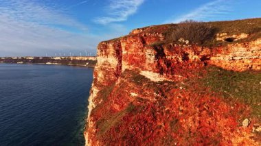 Rüzgâr türbinlerini uzaktan gören sakin suyun yanında yüksek bir uçurum duruyor. Kayalık yüzey, mavi gökyüzünün altında bulutlu kırmızı renkleri gösteriyor. Uçurumun kenarında bir çalı büyüyor..