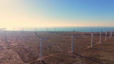 Rüzgar türbinleri okyanus kenarındaki açık karada dönerek rüzgar enerjisini yakalar. Açık gökyüzü ve güneş ışığı sahneyi güçlendirir. Manzara çoğunlukla düz ve uzak sulardan görülebiliyor..