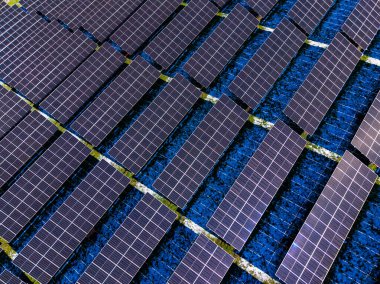 Geniş açıdan bakıldığında kırsal alandaki karada sıra sıra dizilmiş güneş panelleri görülüyor. Güneş ışığı panellere vurur ve yüzeylerine vurur. Bu sahne gündüz çekiliyor..