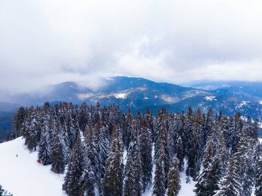 Kar zemini kaplıyor ve bulutlu bir gökyüzünün altındaki dağlarda ağaçlar. Diğer açık hava aktiviteleri karlı arazide gerçekleşirken, insanlar uzakta kayak yapıyorlar..