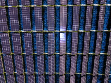 Çatıya kurulmuş güneş panelleri güneş ışığını yakalıyor. Paneller düzgünce hizalanmış, tasarımlarını ve yapılarını sergiliyorlar. Parlak ışık bazı bölümlerde parlıyor.