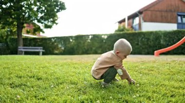 Parktaki oyun parkında çimlerde oynayan bir çocuk. Yeni yürümeye başlayan çocuk çevreyi keşfediyor. Yazın çocuk dışarıda yürüyor..