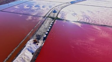 İşçiler güneşin altında parıldayan renkli tavalardan tuz toplarlar. Kırmızı ve mavi suyun canlı renkleri manzarada çarpıcı bir doğal sanat eseri oluşturur..