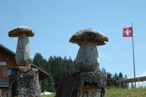 Wooden mushrooms and Swiss flag. — Stock Photo, Image