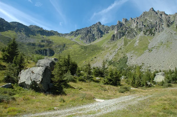 跟踪和山峰附近在阿尔卑斯山在法国夏蒙尼 — 图库照片