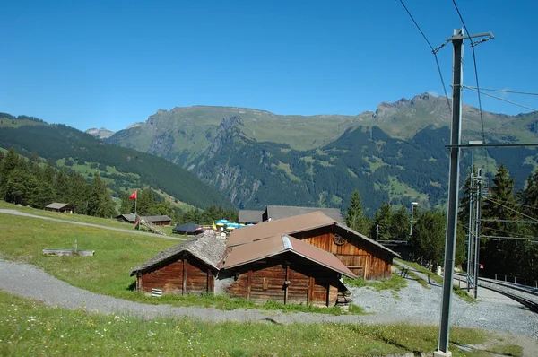 Peaks, wooden buildings and railway tracks nearby Grindelwald. — Stock Photo, Image