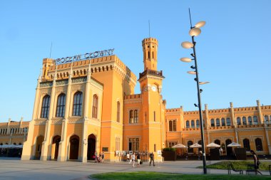Wroclaw main railway station building at sunset.