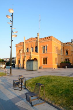 Wroclaw main railway station building at sunset.