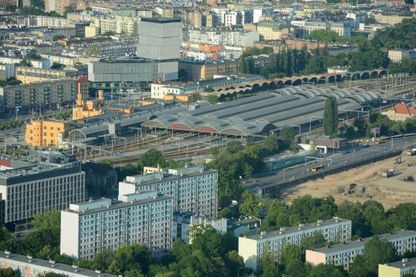 Aerial view of main railway station in Wroclaw city.