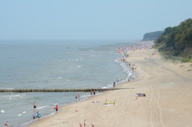 İnsanlar ve ahşap groynes bir kumsalda bulunan Trzesacz ve Rewal, Polonya