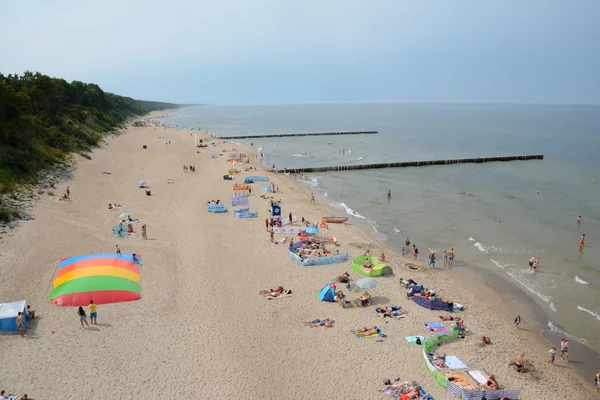 İnsanlar ve ahşap groynes bir kumsalda bulunan Trzesacz ve Rewal, Polonya