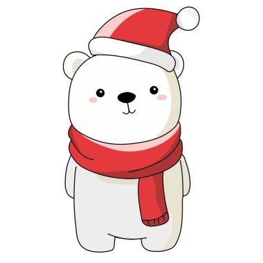 Kırmızı şapkalı ve atkılı şirin kutup ayısı. Vektör illüstrasyonu