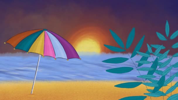 Animation eines Sonnenuntergangs am Strand mit Sonnenschirm. 4k — Stockvideo