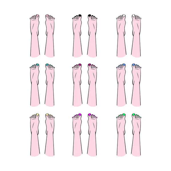 Benen voeten van de vrouw met nagels van verschillende kleuren — Stockvector