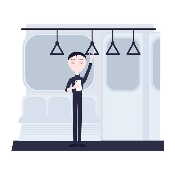 Hombre con smartphone en el metro. vector — Vector de stock