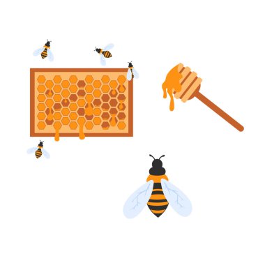 Bal peteği seti arı kovanı ve kaşık. düz vektör