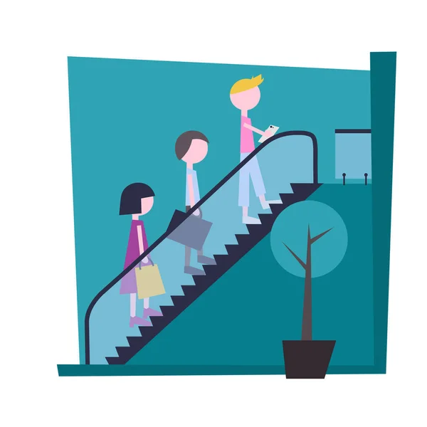 Escaleras mecánicas con minimalismo de la gente. vector plano — Vector de stock