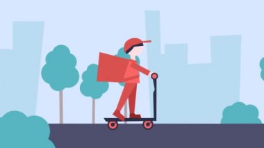Şehirdeki animasyon yiyecek teslimatı scooterla yapılıyor. 2d hareket
