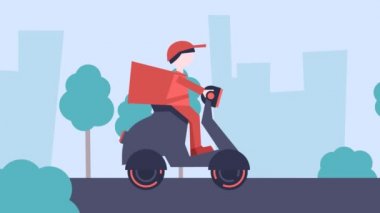 Şehirde motorsikletle yemek teslimatı. 2d hareket