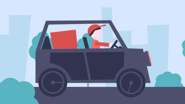 Animation food delivery in the city by car. 2d motion — Stock Video