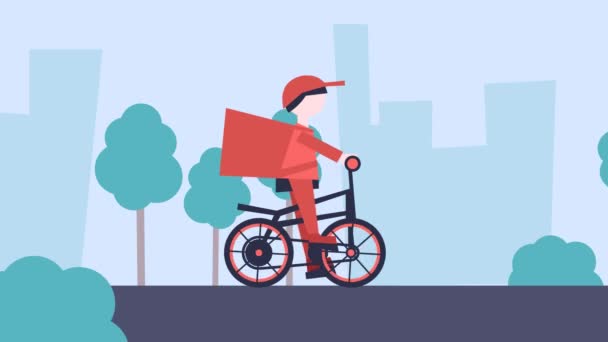 Bisikletli animasyon yiyecek teslimatı. 2d — Stok video