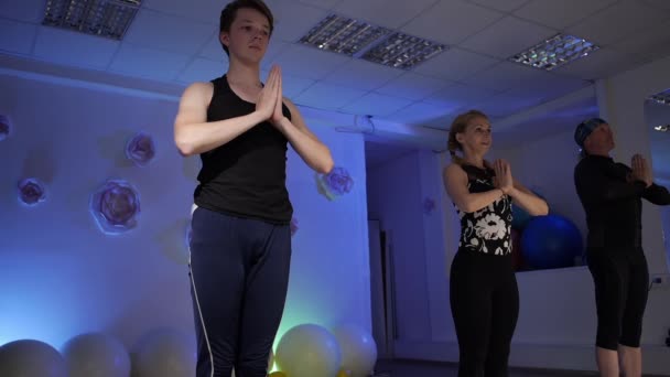 La famille fait du yoga. Vriksasana. Pose de l'arbre. — Video