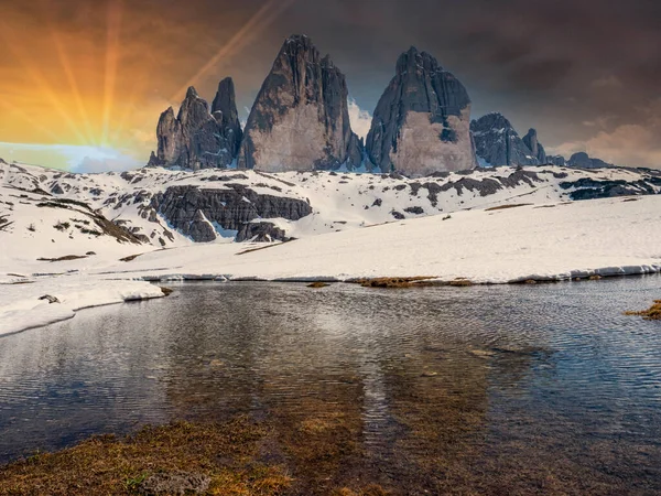 Matahari Terbenam Tre Cime Gunung Lavaredo — Stok Foto