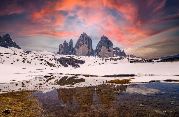 Sonnenuntergang Auf Den Drei Zinnen Von Lavaredo — Stockfoto