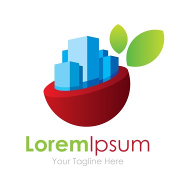 Şehir scape manzarası iş için yeşil doğa öğesi simgesi logo ile işbirliği içinde