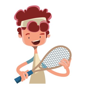 Tenis raketi vektör çizim çizgi film karakteri oynarken çocuk