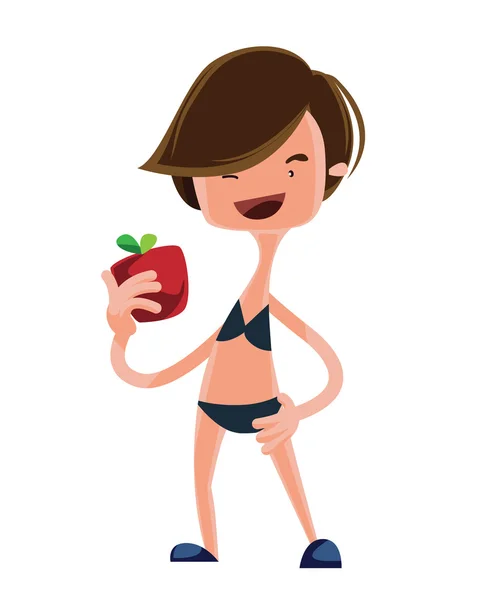 Menina em maiô comendo maçã vetor ilustração personagem cartoon —  Vetores de Stock