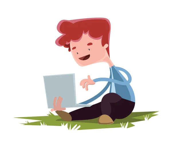 Young boy with lap top on grass vector illustration cartoon character — Stock Vector