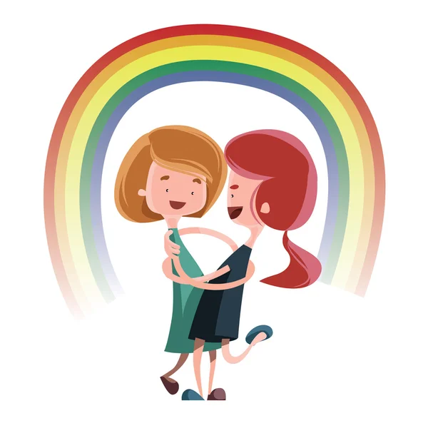 Abrazo de amistad bajo el arco iris vector ilustración personaje de dibujos animados — Archivo Imágenes Vectoriales