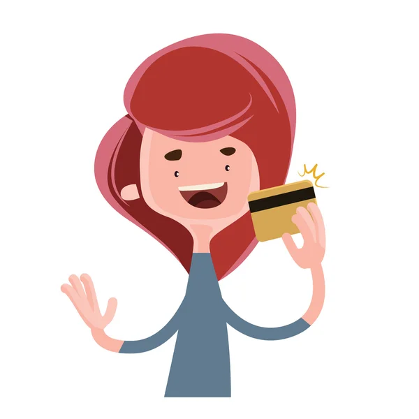 Menina segurando ouro cartão de crédito vetor ilustração personagem cartoon — Vetor de Stock