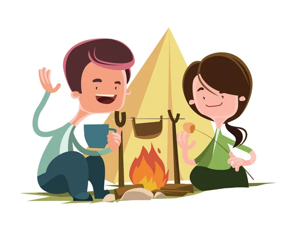 Amigos ao lado de camping fogo vetor ilustração personagem cartoon — Vetor de Stock