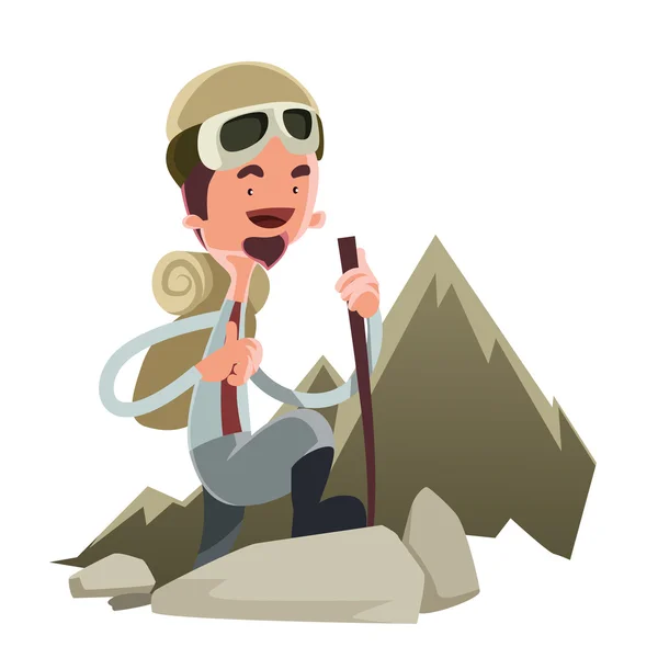 Hombre va a escalar un vector de montaña ilustración personaje de dibujos animados — Vector de stock