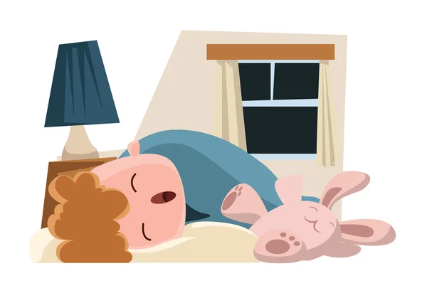 Παιδί στον ύπνο με το λαγουδάκι διανυσματικά εικονογράφηση χαρακτήρα κινουμένων σχεδίων — Διανυσματικό Αρχείο