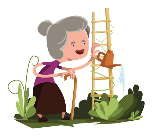 Old granny watering garden vector illustration cartoon character — Stock Vector