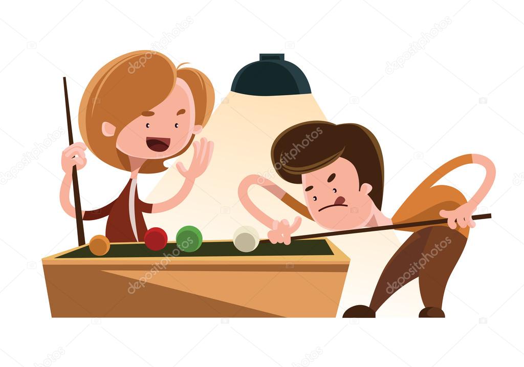 Friends playing pool vector illustration cartoon character