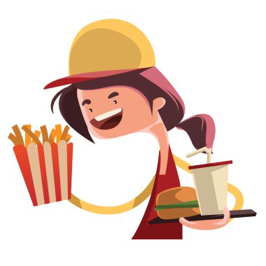 Fast food Restoran vektör çizim çizgi film karakteri çalışma kız