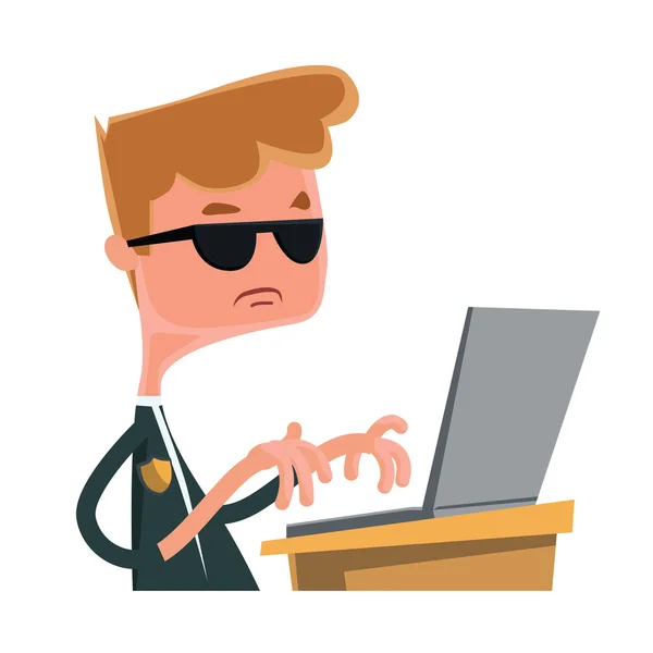 Agente de investigación escribiendo en lap top vector ilustración personaje de dibujos animados — Vector de stock