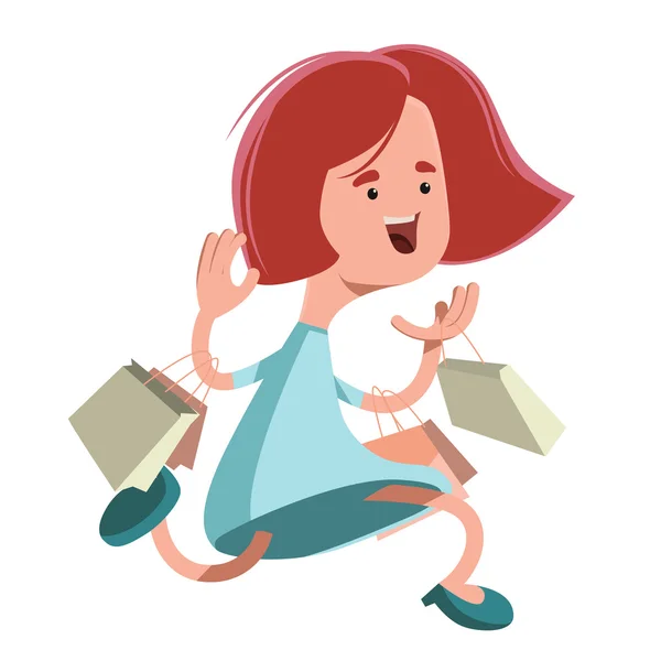 Chica corriendo con bolsas de compras vector ilustración personaje de dibujos animados — Vector de stock