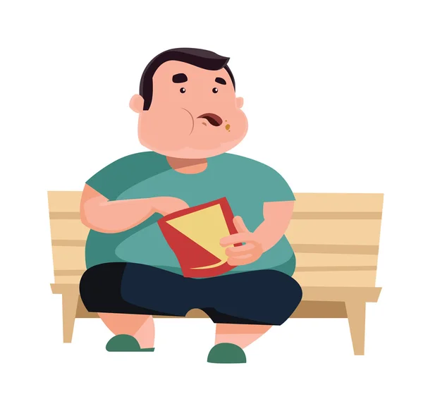 Hombre regordete comiendo y sentado vector ilustración personaje de dibujos animados — Archivo Imágenes Vectoriales