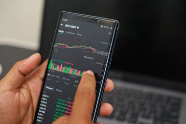 Güney Lampung, 14 Aralık 2025: Bir kişinin eli, bir akıllı telefondan sergilenen finansal ticaret tablosuna işaret edilerek yakından gösteriliyor