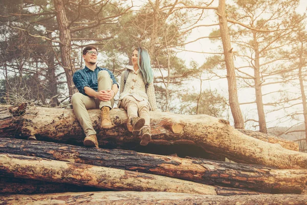 Paar zittend op omgevallen boomstam — Stockfoto